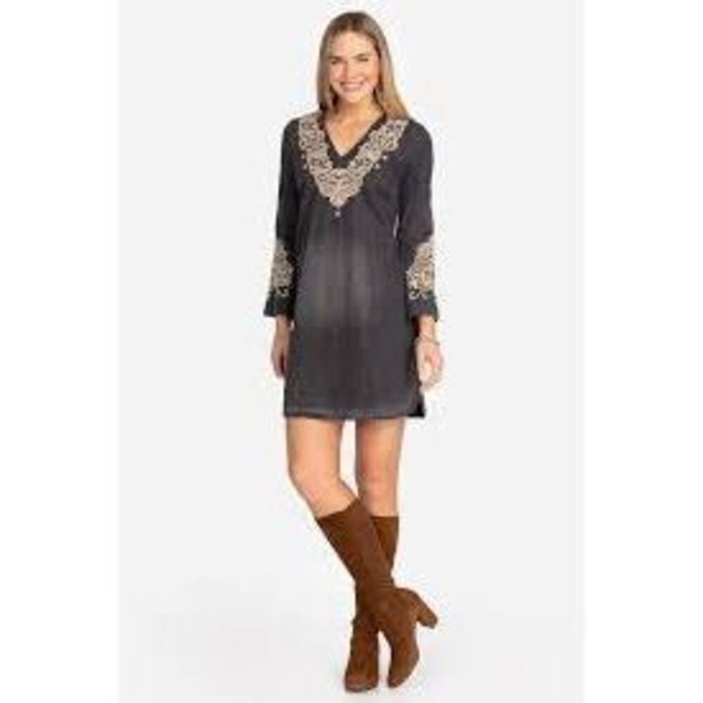Johnny Was Neema Tunic Dress Black Embroidered Boho Silk Mini Dress XS NWT